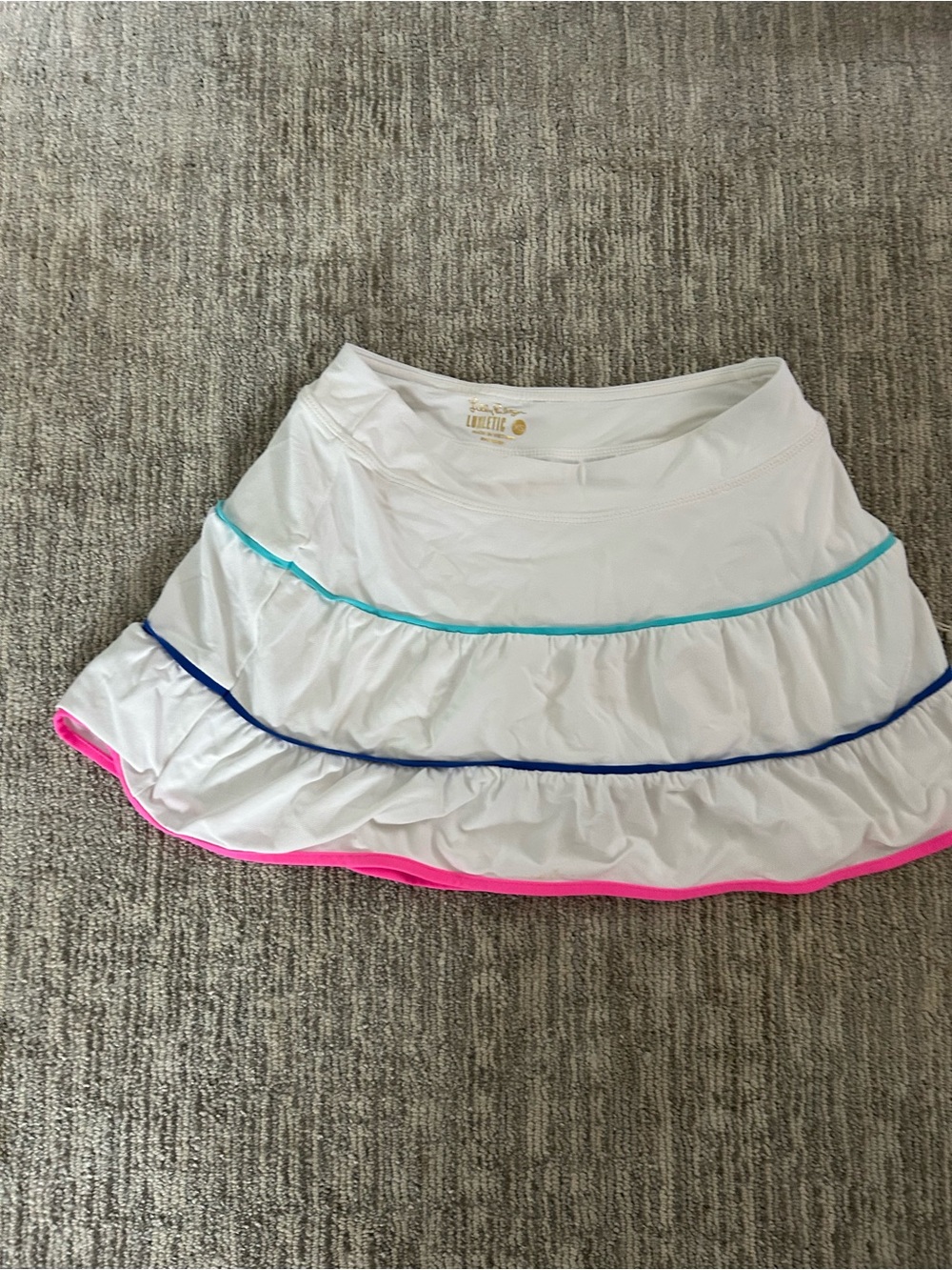 Lilly Pulitzer Luxletic White Tiered Skirt with Pink, Blue & Teal Trim